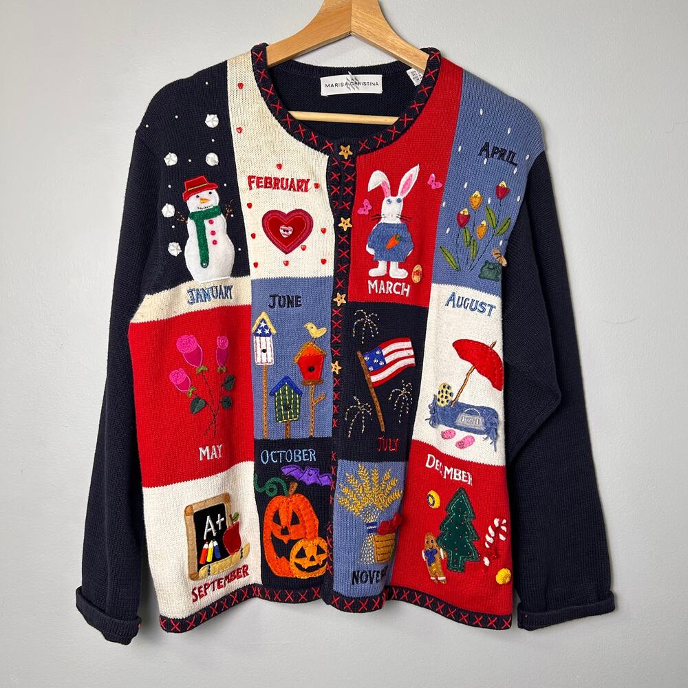 Vintage Marisa Christina Calendar Cardigan Sweater Novelty Beaded Top size XL